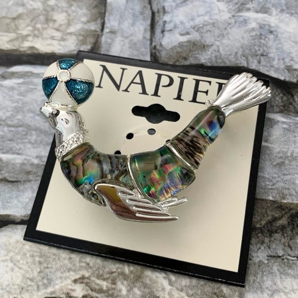 #67 Napier Simulated Abalone Seal Beach Ball Figural Silver Tone Brooch Pin New